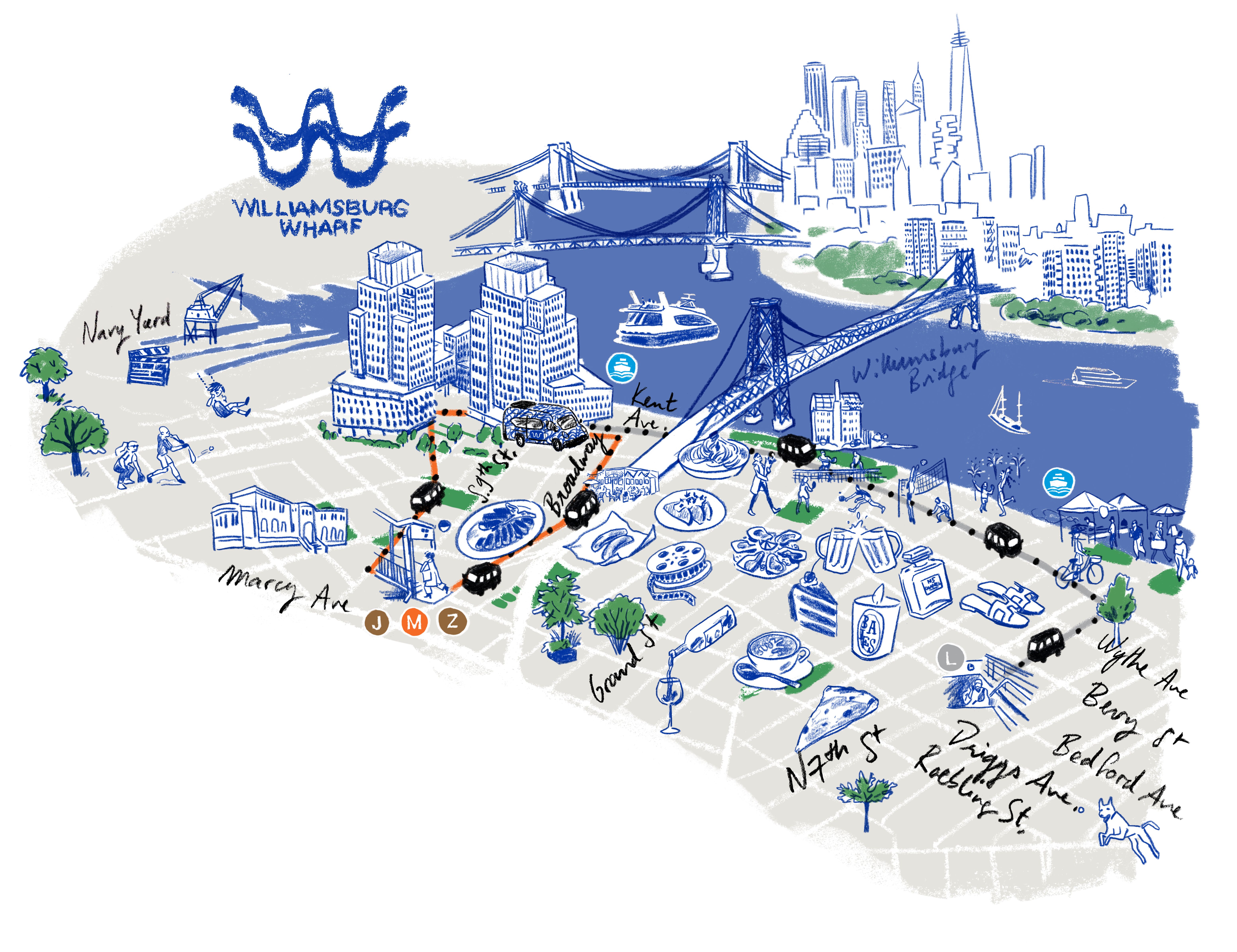 Map of Williamsburg Wharf with shuttle routes
